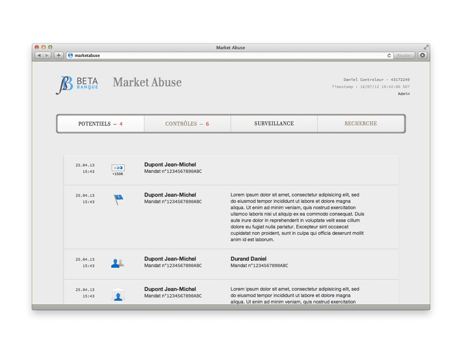 écran de l'application de abus de marché