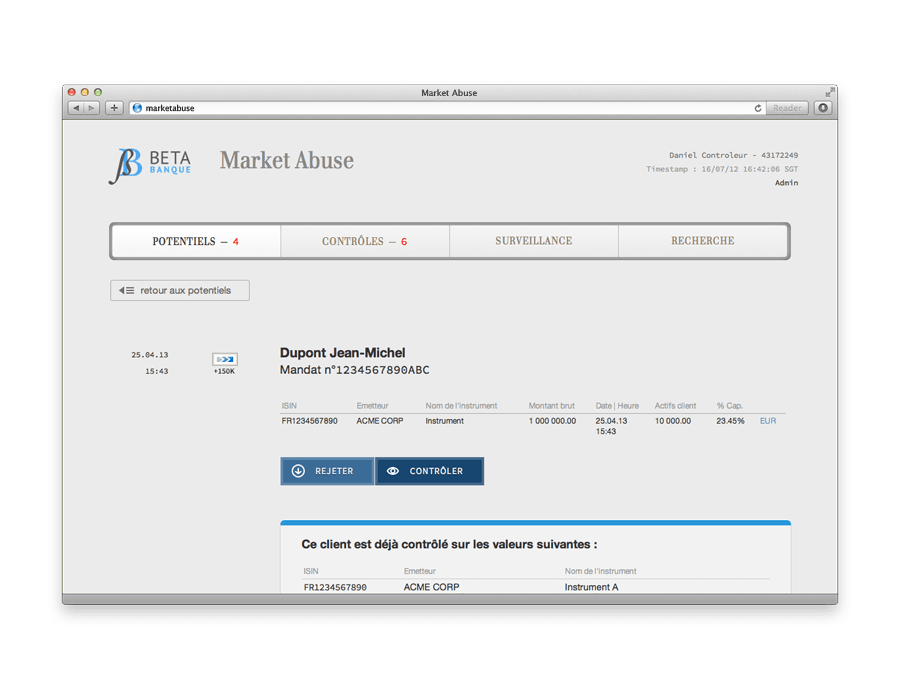 écran de l'application abus de marché