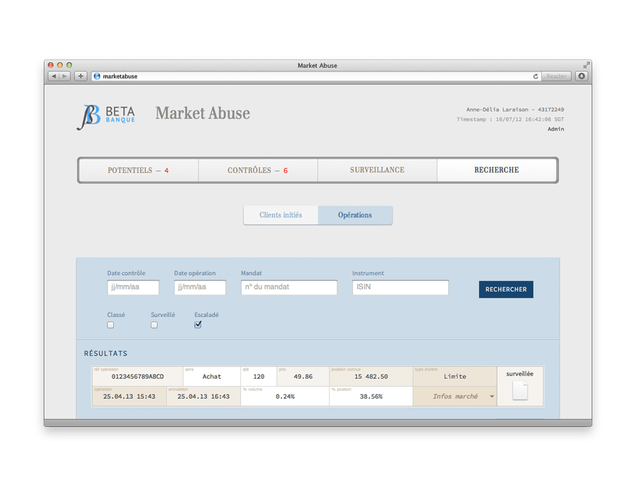 écran de l'application abus de marché
