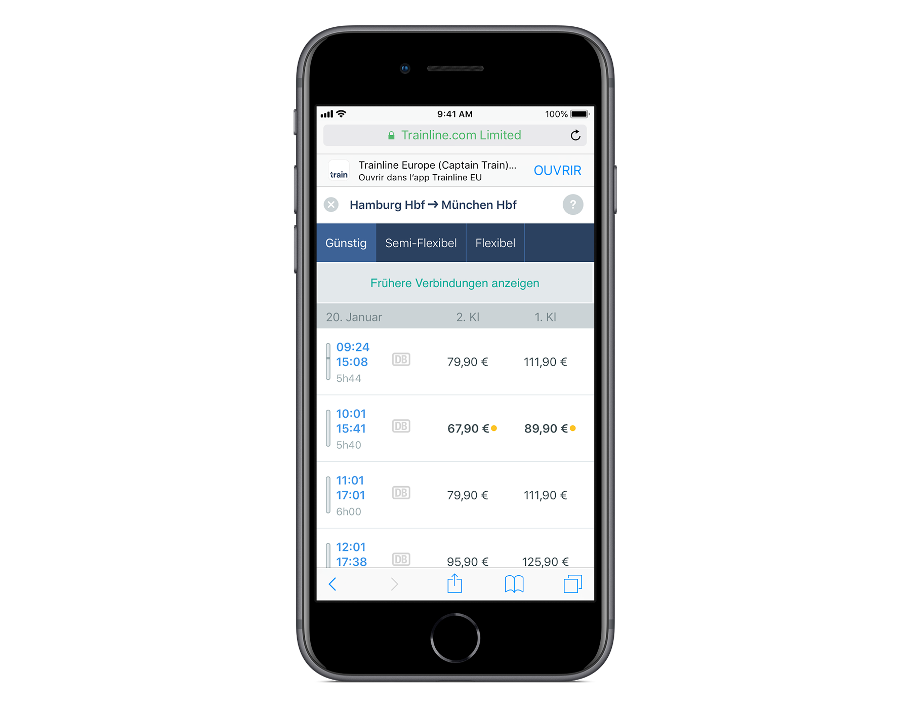 web app mobile, résultats de recherche en allemand