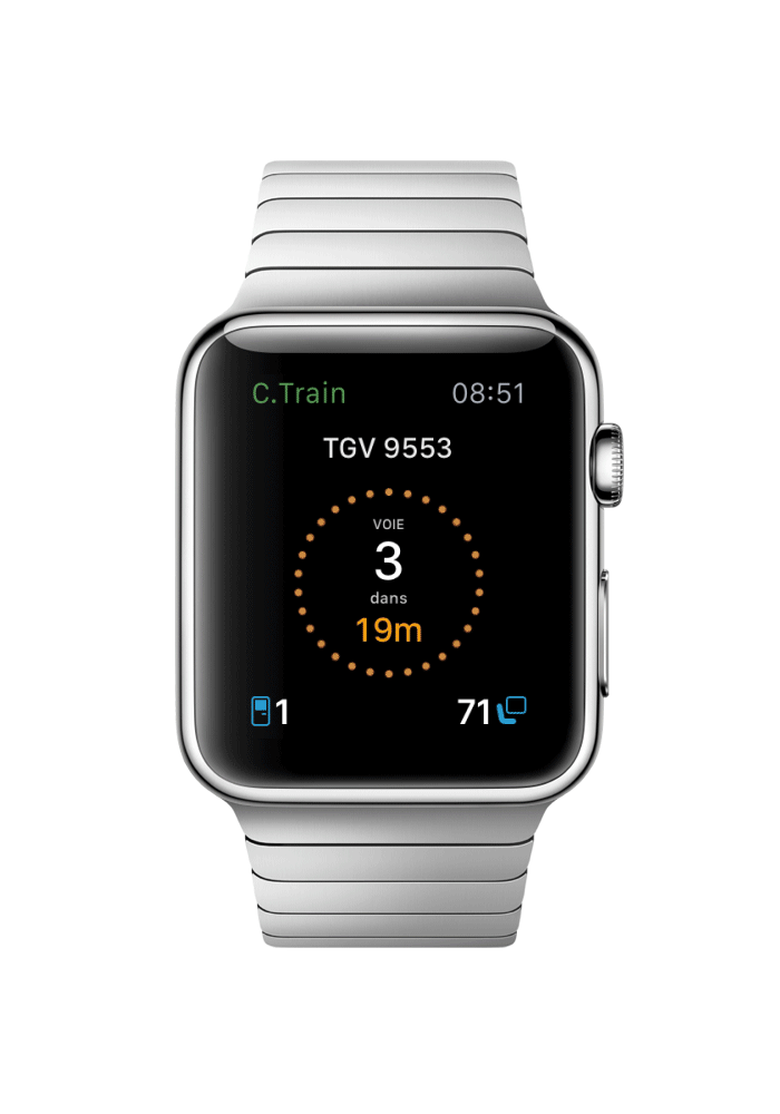 watch app, indication du quai de départ et de la place dans le train